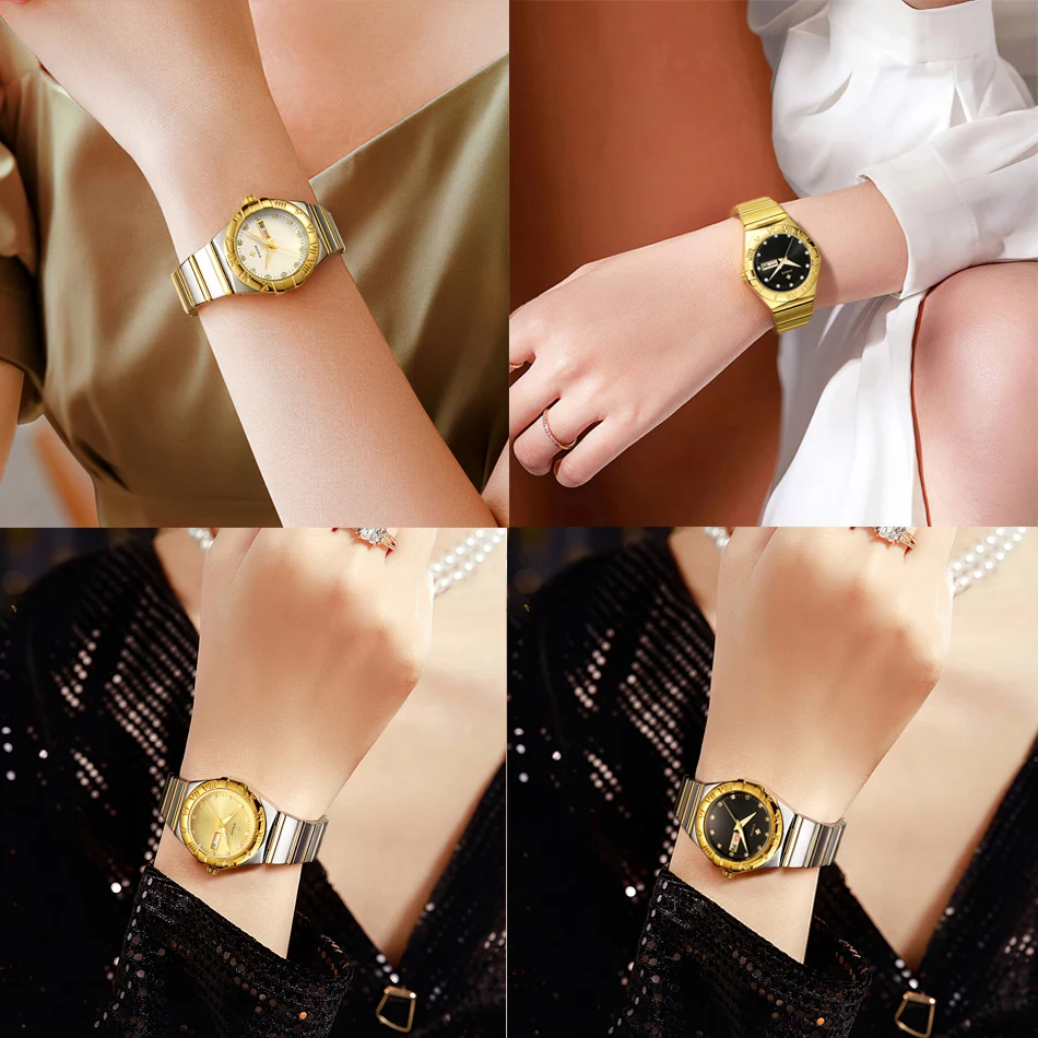 WWOOR золотые женские часы из нержавеющей стали роскошные часы-браслет кварцевые с