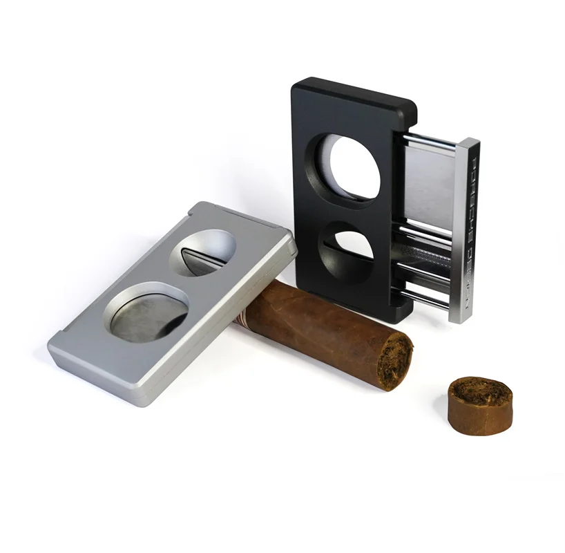

Hot Sale New Product Silver Round Stainless Steel Metal Handle Double Blade Cigar Accessories Cigar Cutter