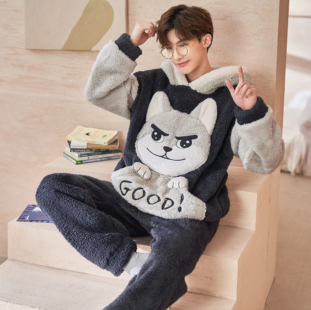 Winter Pajamas for Men 2022 Flannel Large Size 5XL Thick Warm Cartoon Nightwear Kigurumi Adult with Hood Men Pajamas Lounge Set