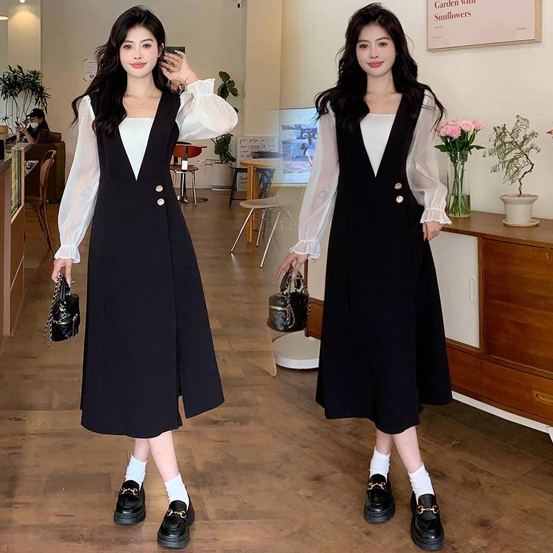 Осень-зима женские искусственные платья из двух частей с квадратным воротником