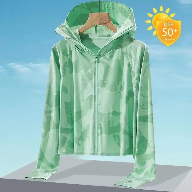 

2023 Women Summer New UV Sunscreen Jacket Female Outdoor Sport Sun Protection Coats Ladies Ice Silk Hooded Print Clothing G64