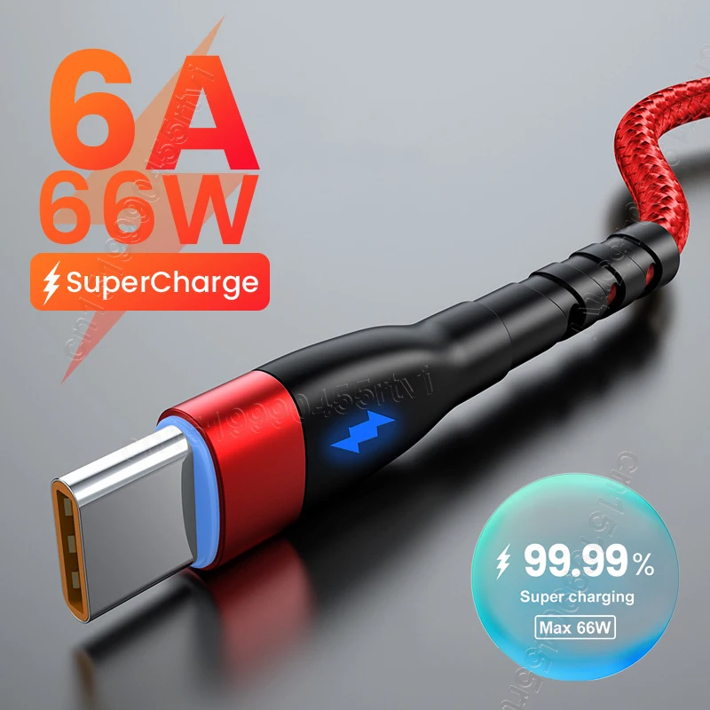 

6A 66W USB Type C Cable For Huawei P50/Honor Fast Charging USB C Charger Cable LED Indicator Data Cord for Xiaomi Samsung 1/2M