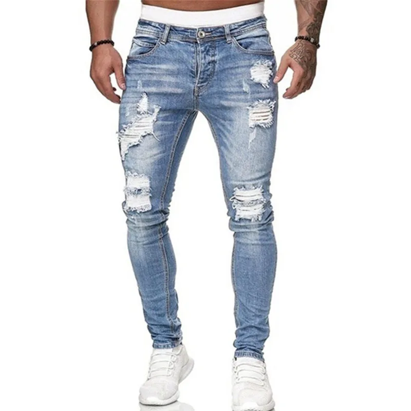 Men's Ripped Jeans Blue Streetwear Pants Skinny Hole Pencil Trousers 2023 New Biker Casual Jeans Hombre