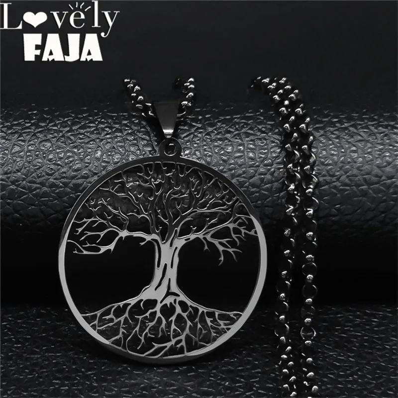 2023 Tree of Life Stainless Steel Long Necklace for Men Black Color Necklaces & Pendants Jewelry cadenas para hombre N834S03