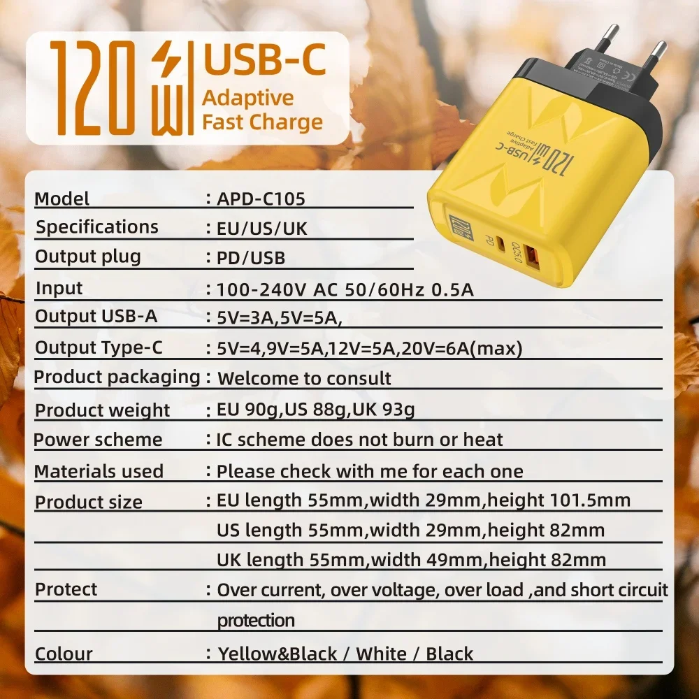 Быстрое зарядное устройство USB C 120 Вт PD адаптер для быстрой зарядки телефона iPhone 15