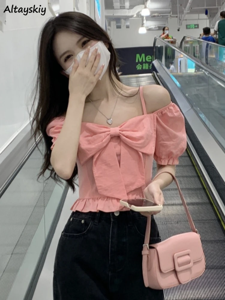 

Slash Neck Blouses Women Bows Pink Short Sleeve Crop Tops Y2k Clothes Summer Harajuku Females Sexy Slim Sweet Kawaii New Arrival