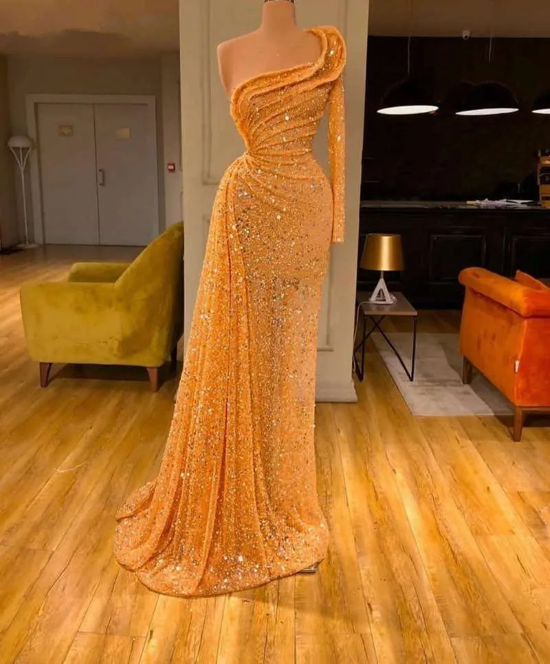 

Sparkle Prom Dresses A-line One-shoulder Sequins Beaded Long Dubai Saudi Arabia Prom Gown Evening Dress Robe De Soiree