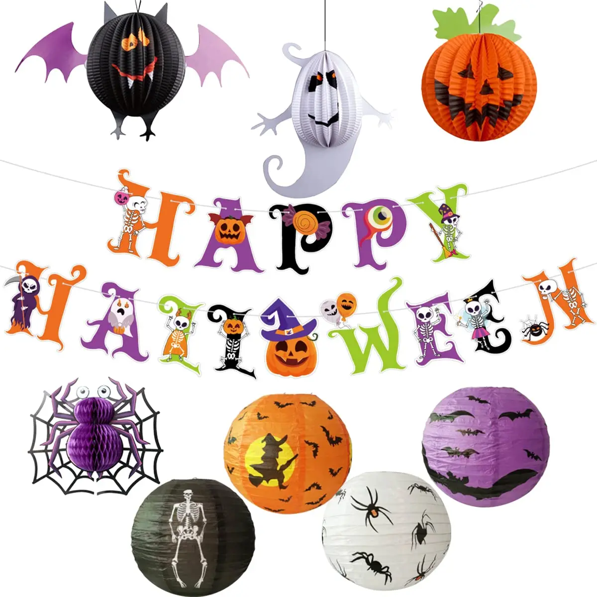 

Halloween Paper Lantern Honeycomb Ball Spider Pumpkin Bat Ghost Happy Halloween Banner Indoor Outdoor Party Decoration Supplies