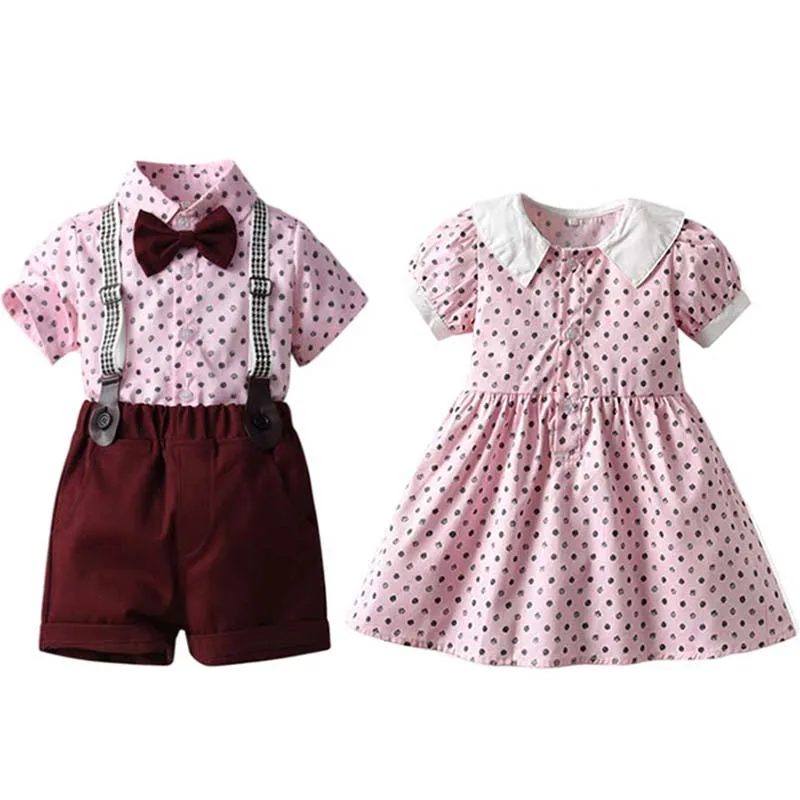 2022 Summer Brother and Sister Family Matching Outfits Kids Boys Tie Gentleman Shorts Suit and Polka Dots Girls Princess Dress