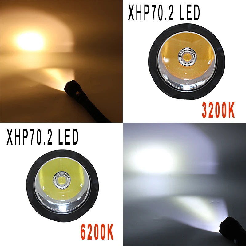 Фото Светодиодный фонарик для дайвинга XHP70.2, тактический фонарь 26650, желтый/белый свет, 4000 люмен, подводный водонепроницаемый фонарь для дайвинга 100 м, XHP70 №2