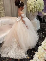 ball gown flower girl dresses wedding lace long sleeve off shoulder with bow court train 2022 vestidos de fiesta para bodas