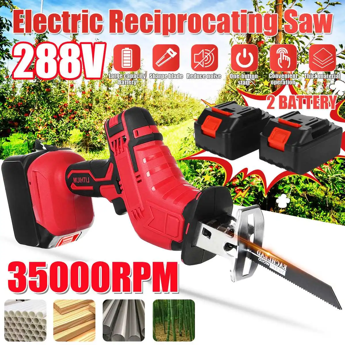 

288V 35000RPM Cordless Reciprocating Saw Electric Saw with 4 Blades Wood Metal Chain Saws Cutting Power Tool 1/2 Battery