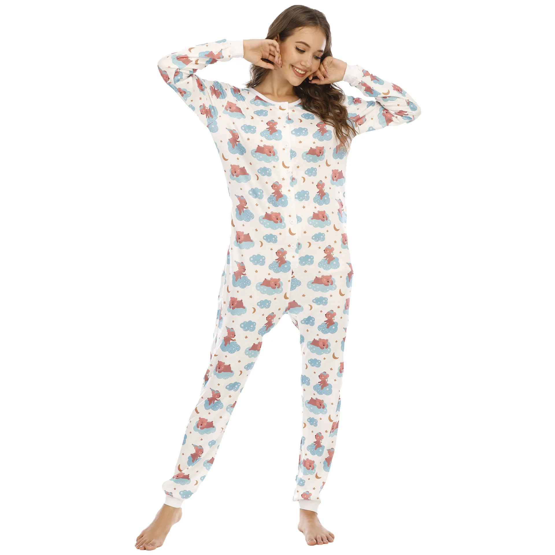 Women's Onezie Pajamas Long Sleeve Printed Button Home Wear Rompers Round Neck Loose Sleepwear Bodysuit Woman Onesie Pajama