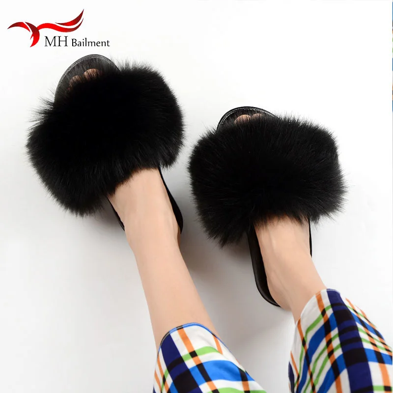 Fashion Summer Faux Fur Slippers Women Furry Slides Home Fluffy Flat House Floor Flip Flops Luxury Sandals Winter Warm Slippers
