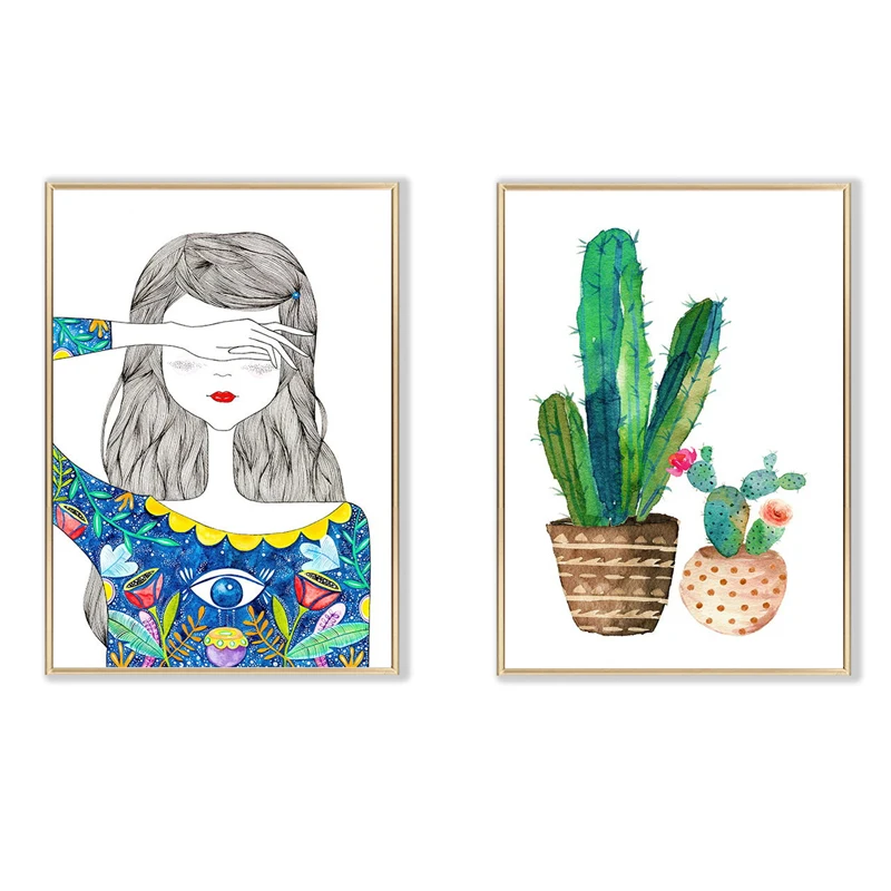

Cartoon Potted Cactus Plants Dress Girl Canvas Painting Abstract Nordic Art Print Poster Picture for Living Room Wall Decoration