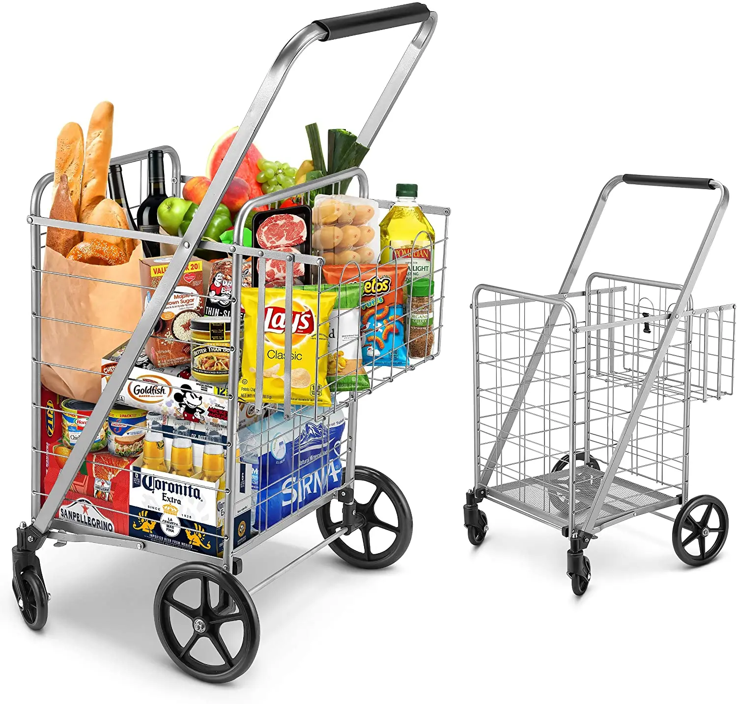 

Portable Jumbo Double Basket Shopping Trolley 360° Rotating Wheels Super Loading Utility Shopping Trolley