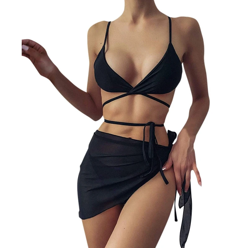 

Женское бикини с лямкой через шею и боковыми завязками, купальник из 3 предметов с накидкой, сетчатая пляжная юбка, купальник с цветочным при...