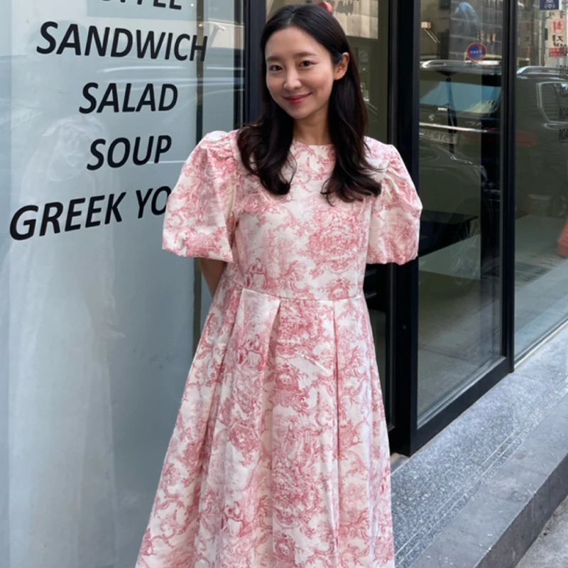 

SuperAen 2022 Summer New Style O Neck Printing Sweet Waist Puff Sleeve A-LINE Dresses for Women