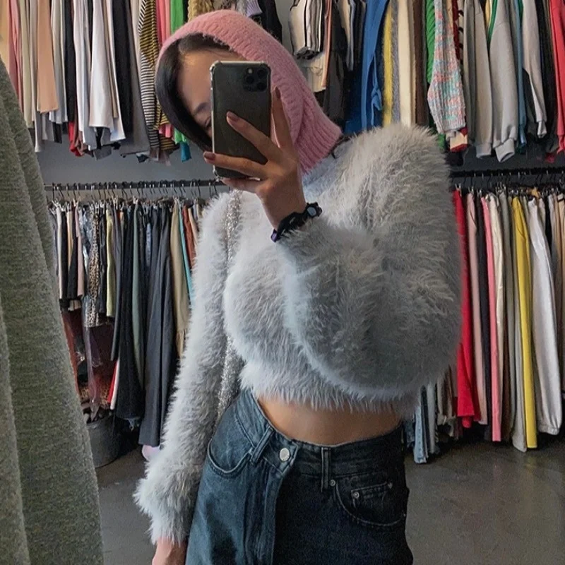 

Hot sale Soft Mink Cashmere Sweaters Korean Chic Sueter Mujer Invierno Crop Tops Pullovers Short Pink Sweater Women Mohair Knitw