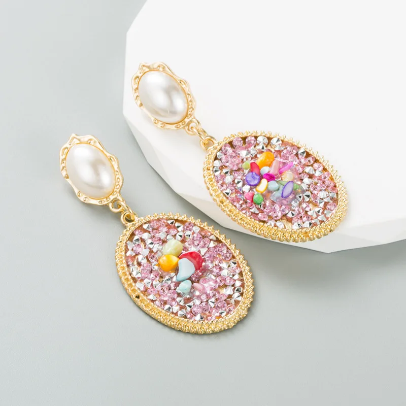 

Vintage Gold Pearl Dangle Drop Oval Crystals Natural Stone Mixed Women Earrings