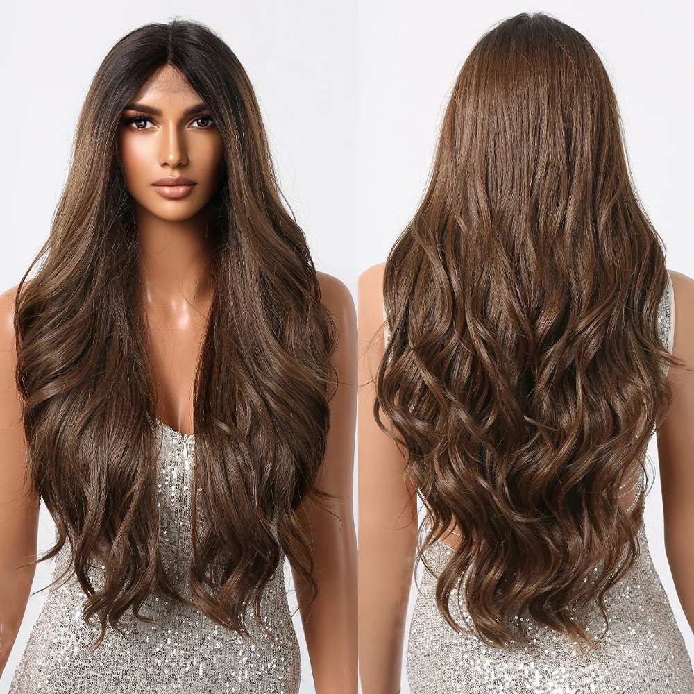 

Long Wavy Lace Front Hair Wigs Brown Synthetic Lace Wigs for Black Women Dark Root Daily Cosplay Party Hair Heat Resistant Fiber