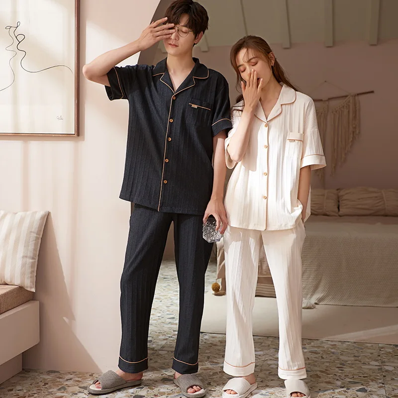 Couple Two Piece Set Summer Pijamas Cotton Short-sleeved Tops Trousers Clothes Women and Men Home Clothes Sleep Wear Pj Sets