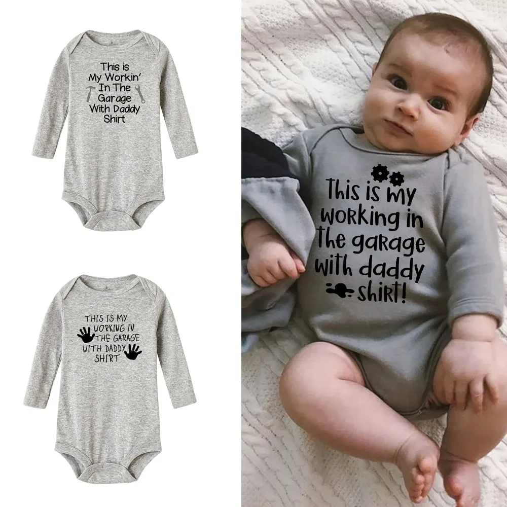 

Is My Working In The Garage with Daddy Shirt Baby Cute Bodysuits Boys Girls Long Sleeve Jumpsuit Toddler Fashion Shirts