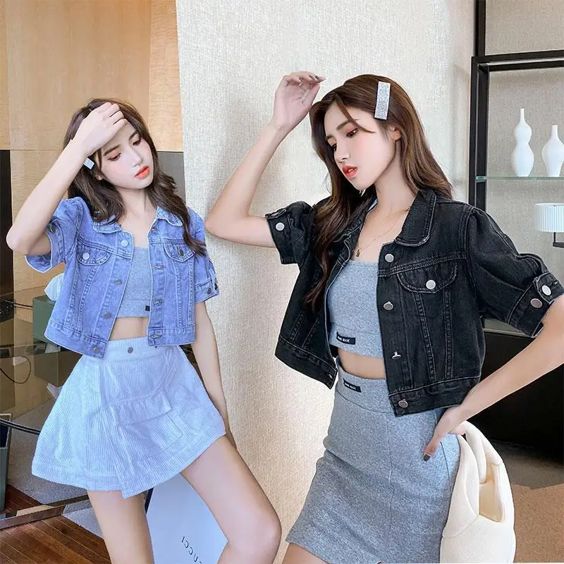 

Fashion Denim Jackets Women's Spring Summer 2022 New Lapel Loose Single Breasted Puff Sleeve Short Jacket Female Clothing E100