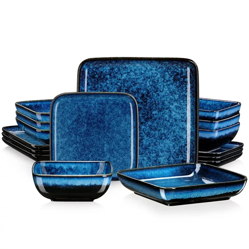 

Stern Dinner Set Blue Square Kiln Change Glaze Tableware 16 Pieces Kitchen Dinnerware Ceramic Crockery Set for 4 Person