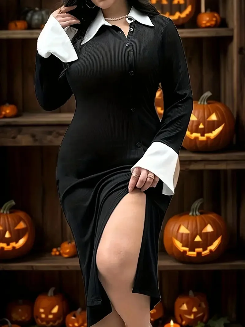 GIBSIE плюс размер черное платье на пуговицах в американском стиле с белым