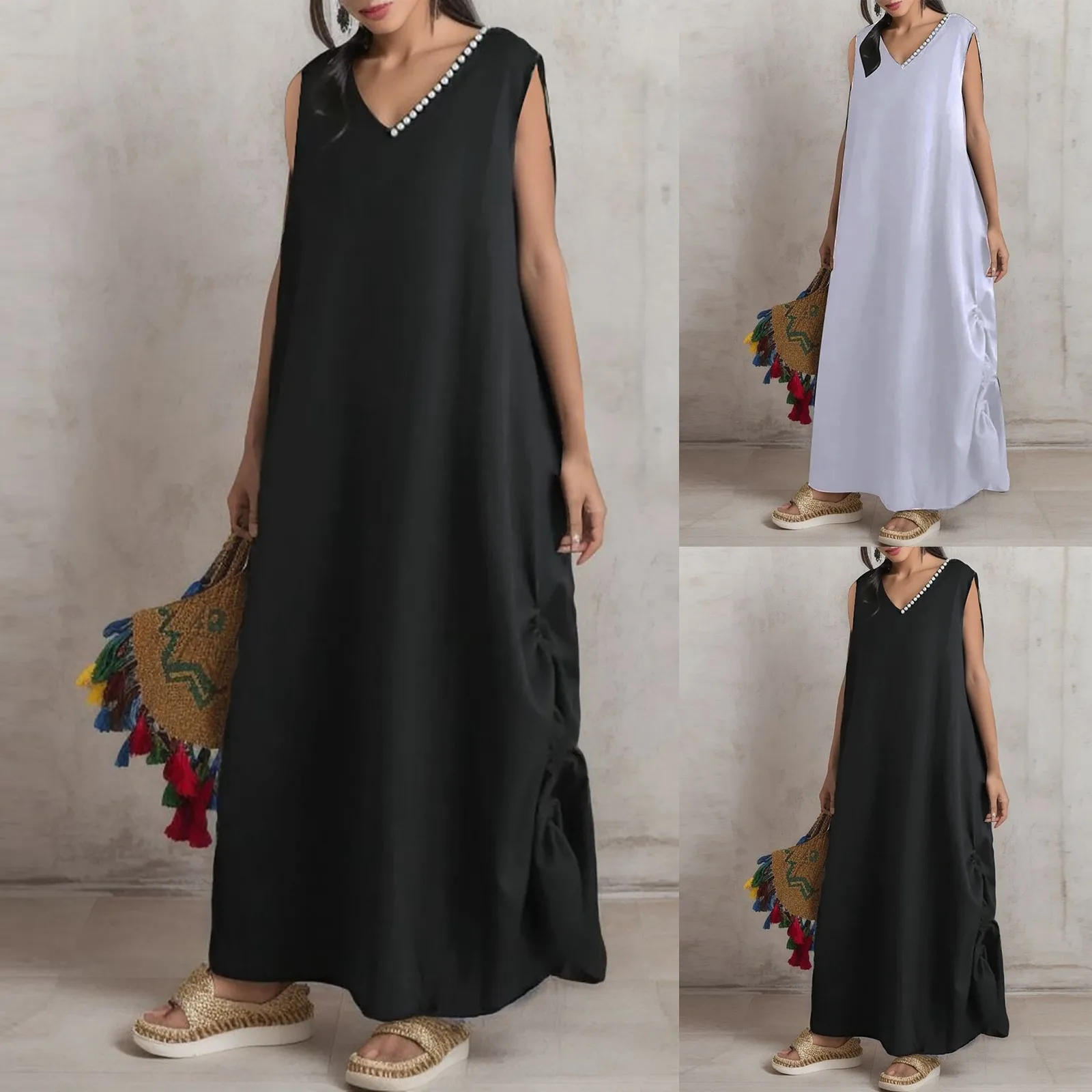 

Women's Solid Color Casual Open V Neck Loose Sleeveless Maxi Dress With Side Drawstring Dress Blouses for Women 3x
