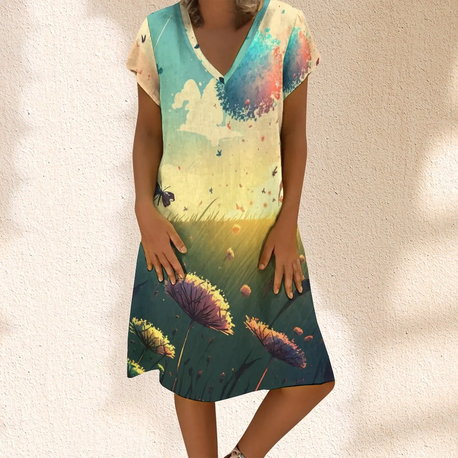 

Женское модное Повседневное платье с V-образным вырезом, травяное и синее градиентное Платье с принтом одуванчиков и бабочек