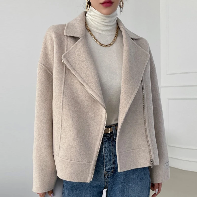 

Clothland Women Stylish Thick Woolen Jacket Zipper Pocket Long Sleeve Vintage Winter Office Wear Coat CA881
