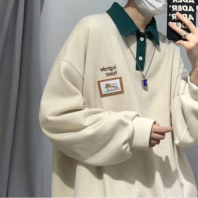 

Japanese Hong Kong style waffle POLO shirt sweatshirt men autumn ins trend loose Korean style retro casual couple lapel jacket