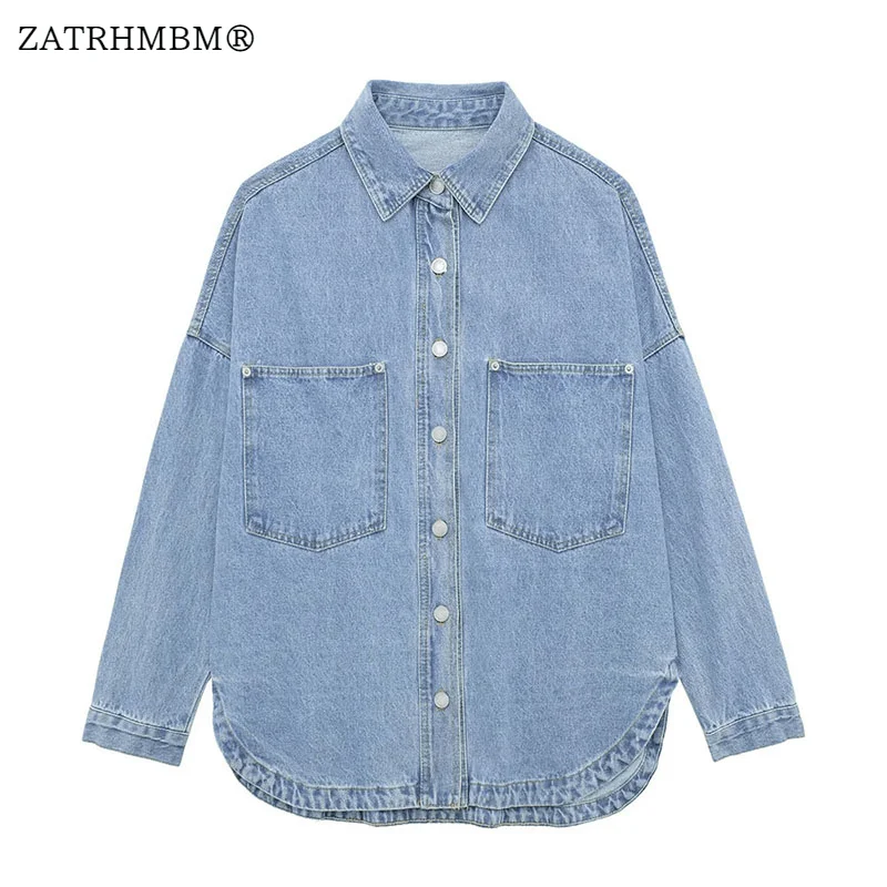 

ZATRHMBM Women 2023 Autumn New Fashion Casual Denim Jacket Coat Vintage Long Sleeves Button Up Chic Outerwear Stylish Tops