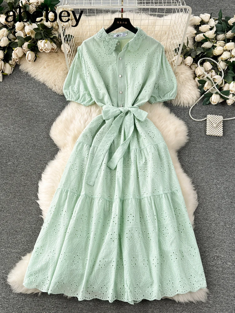 Женское платье-миди с V-образным вырезом коротким рукавом-фонариком и высокой