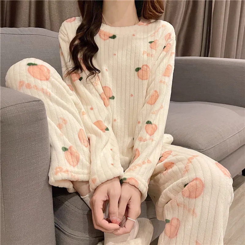 Women Household Clothes Coral Velvet Pajamas Thickened For Warmth In Winter Large Household Clothes 2-Piece Women Warm Jacket