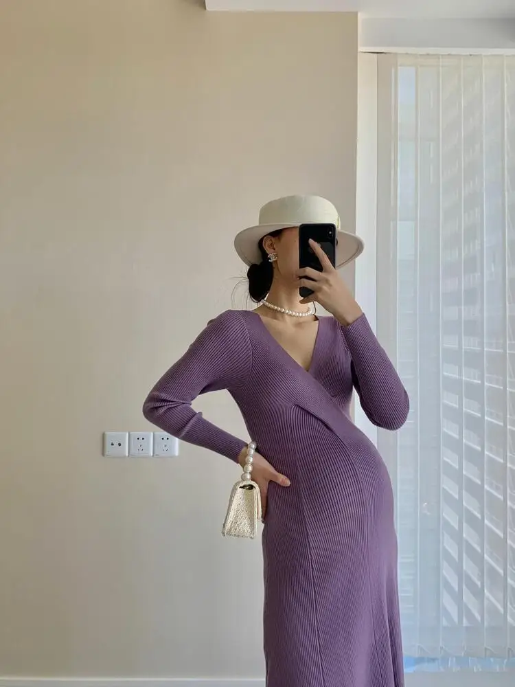 Vestido de maternidad de punto elástico, ropa de maternidad de manga larga, para sesión de fotos del embarazo, otoño