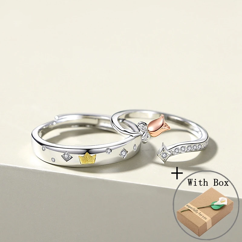 Silvology Real 925 Sterling Silver Crown Little Prince Rose Flower Couple Rings for Women Men Original Design Birthday Jewelry