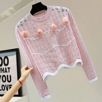 beaded sequins striped sweater women long sleeved pullover top 2022 autumn flowers hollow out high waist short sweaters outwear