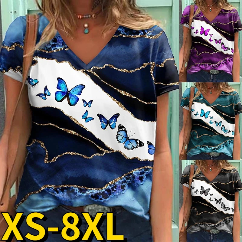 

2022 New Women's Butterfly Printed T-shirt Fashion Casual Sexy Slim Short Sleeve V-neck Top Summer Female Daily Street Pullover