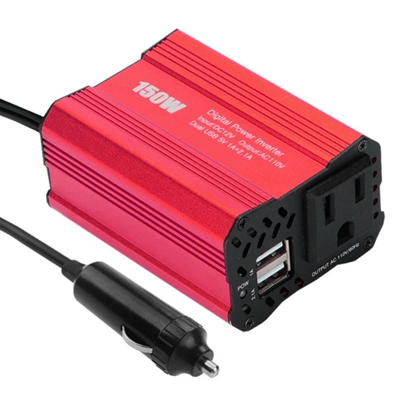

150W Power Inverter, DC 12V To 110V AC Car Power Converter With 2.1A Dual USB Ports Car Charger Adapter (Red)