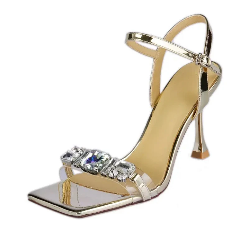 

Glitter Diamond Sheer Sandals Ladies Party High Heels New Summer 2022 Sexy Ankle Buckle Square Toe Stiletto Sandals