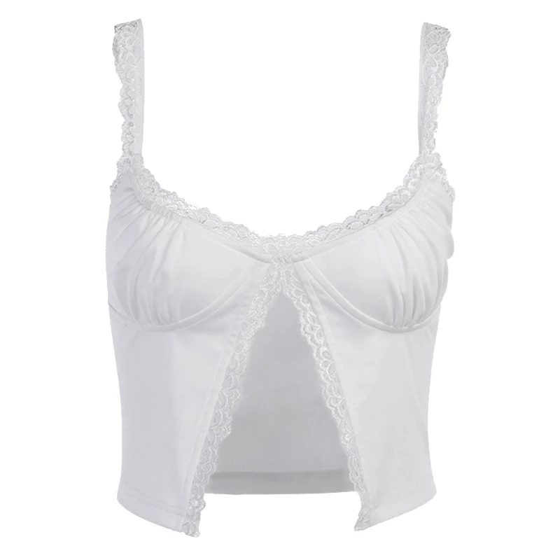 

Женский укороченный топ на бретелях-спагетти с V-образным вырезом и вырезом, открытая майка спереди, кружевной облегающий топ с рюшами и кру...