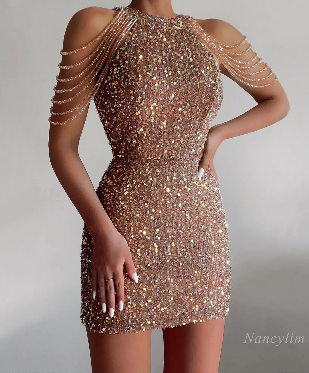 

Fashion Halter Sexy Crystal Fringed Sheath Sequins Dress for Women European and American Style 2023 Spring and Summer Dresses