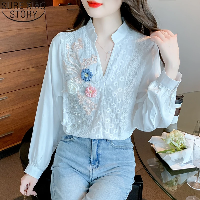 

White Lace Shirt Women Vintage Embroidery Tops Beading Autumn New Korean Fashion Casual Long Sleeve Blouse Clothes Blusas 22871