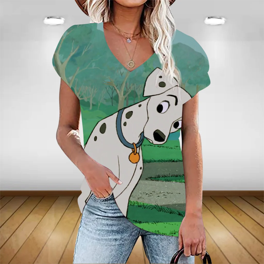 

2022 New Women's Disney 101 Dalmatians 3D Printing T-Shirt Summer Short Sleeve V-Neck Loose Top Casual Women's T-Shirt