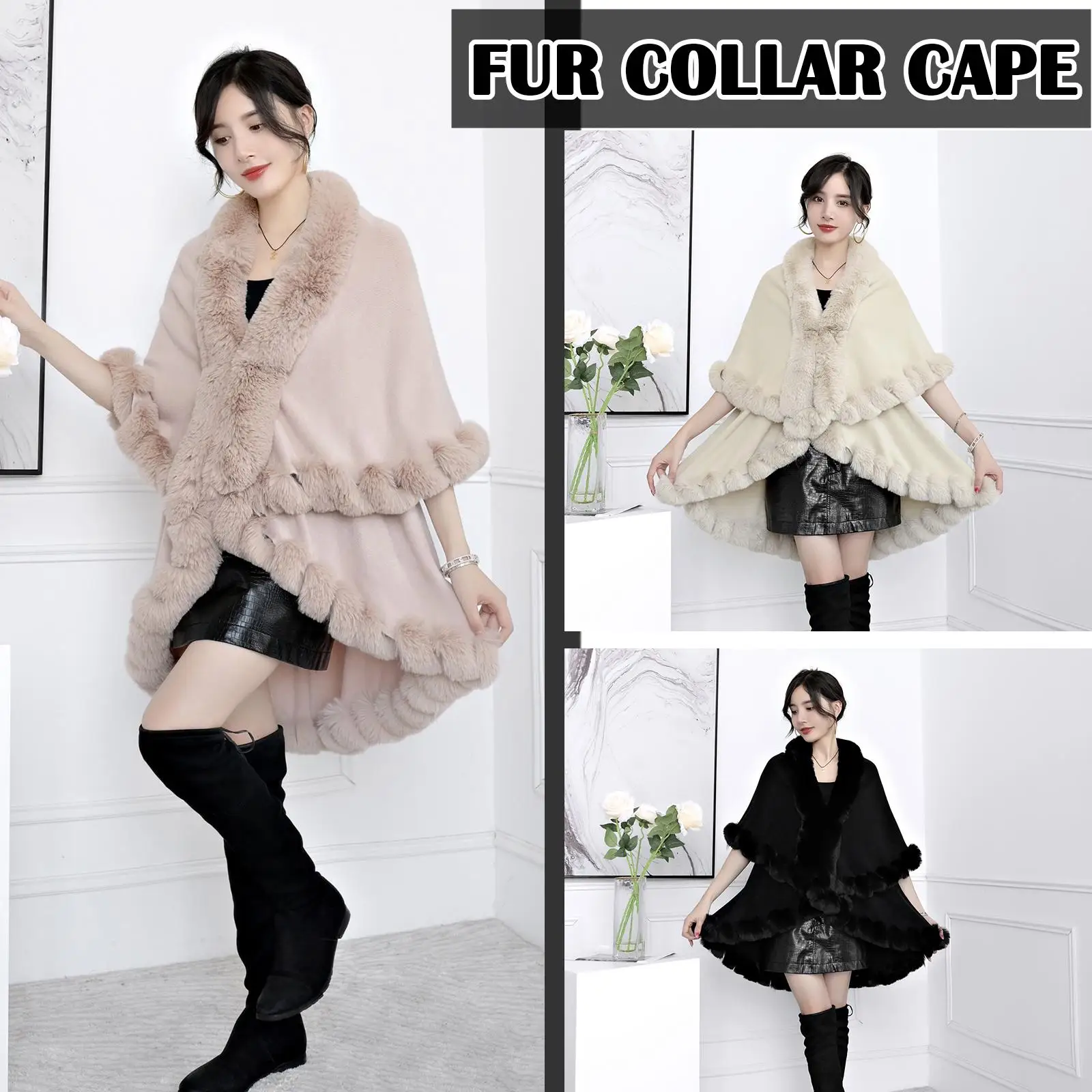 

Fashion Double Layer Handcraft Faux Rex Fur Cape Shawl Fur Wraps Pashmina Cloak New Knit Women Poncho Long Winter Coat H3B6