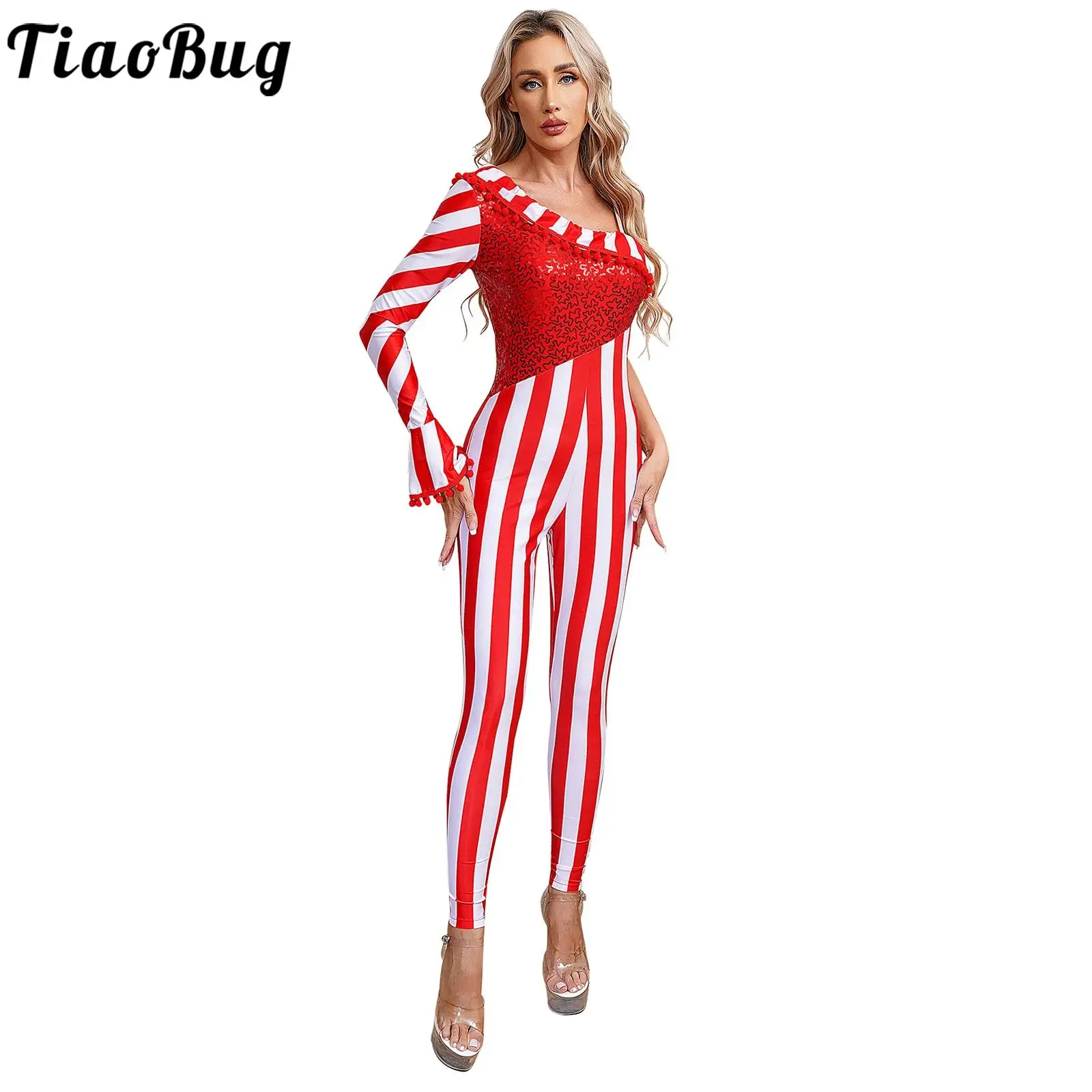 

Striped Sequin Dance Full Body Jumpsuit Women Candy Cane Christmas Costume One-piece Unitard Dress Xmas Ballet Dance Outfit