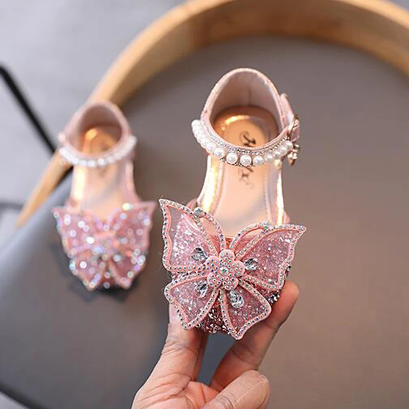 Sandalias con lentejuelas y diamantes de imitación para niña, zapatos de princesa, zapatos de tacón plano, talla 21-35, SHS104